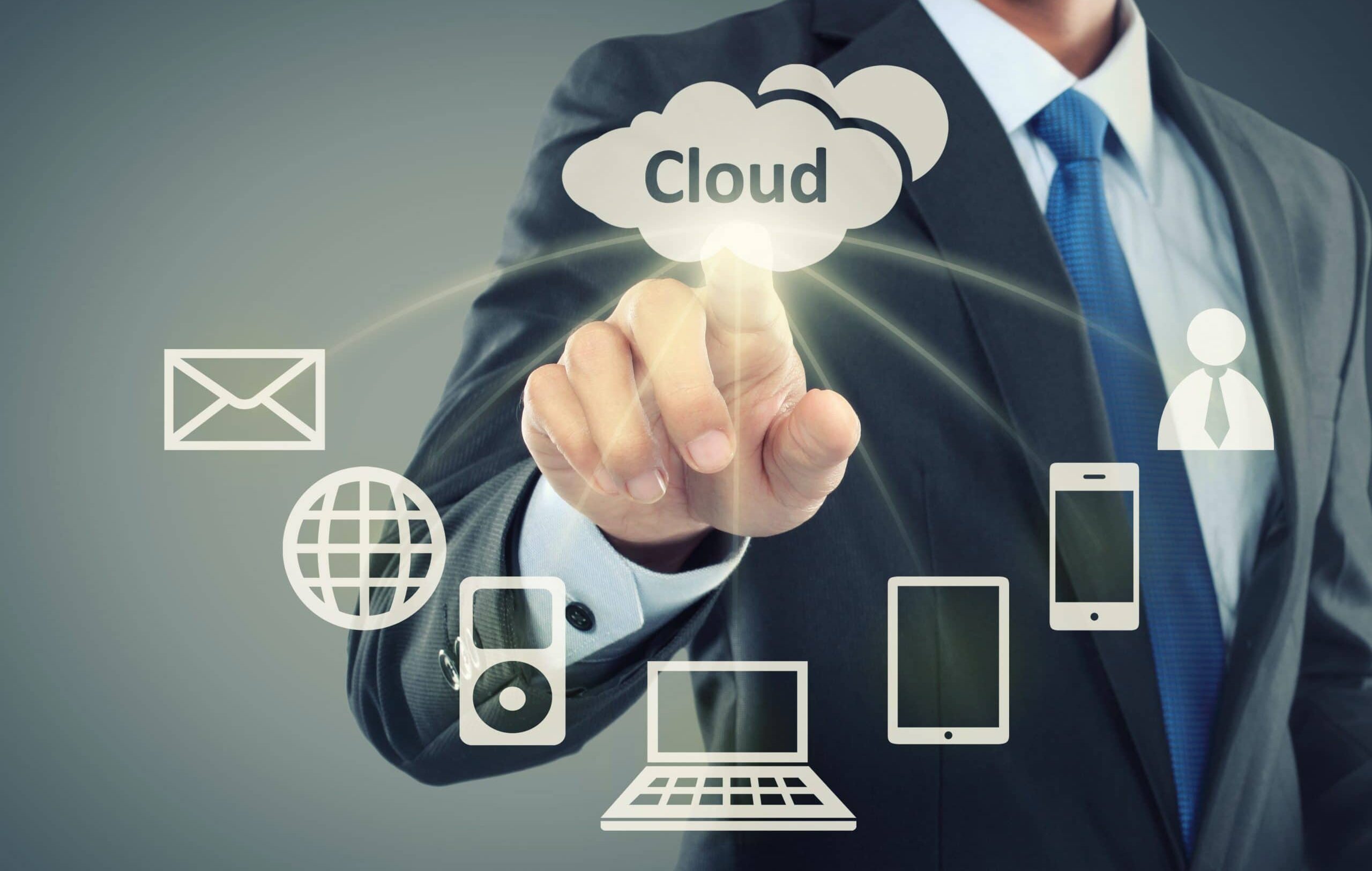 Business man pointing at cloud computing ISO/IEC 27002 Cloud Benefits