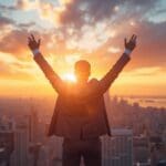 Businessman celebrating with hands raised at sunset, silhouetted against a vibrant orange and purple sky.