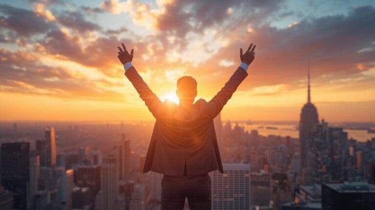 Businessman celebrating with hands raised at sunset, silhouetted against a vibrant orange and purple sky.
