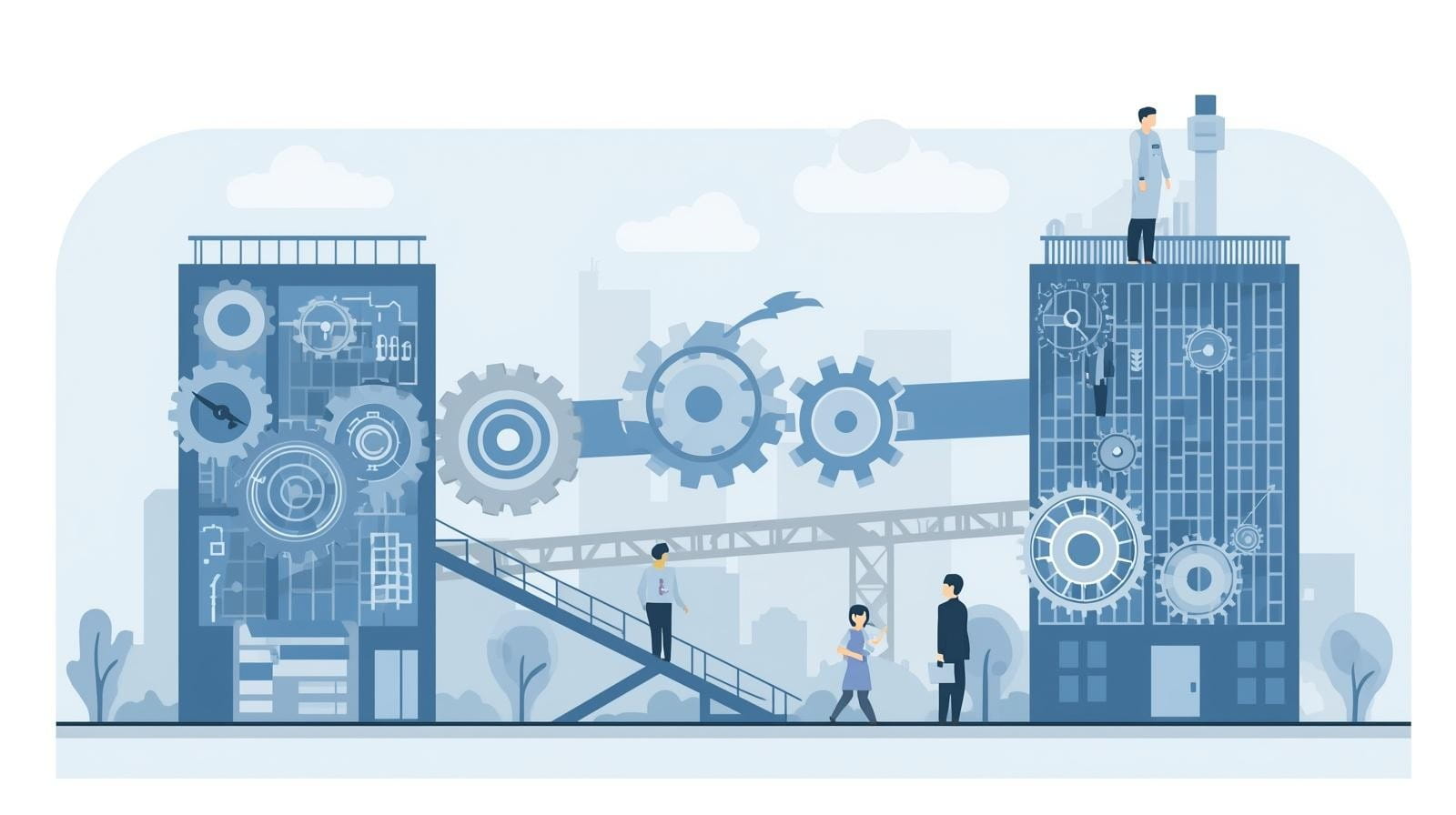 Business professionals collaborating on a building project, surrounded by large gears symbolizing engineering and teamwork.