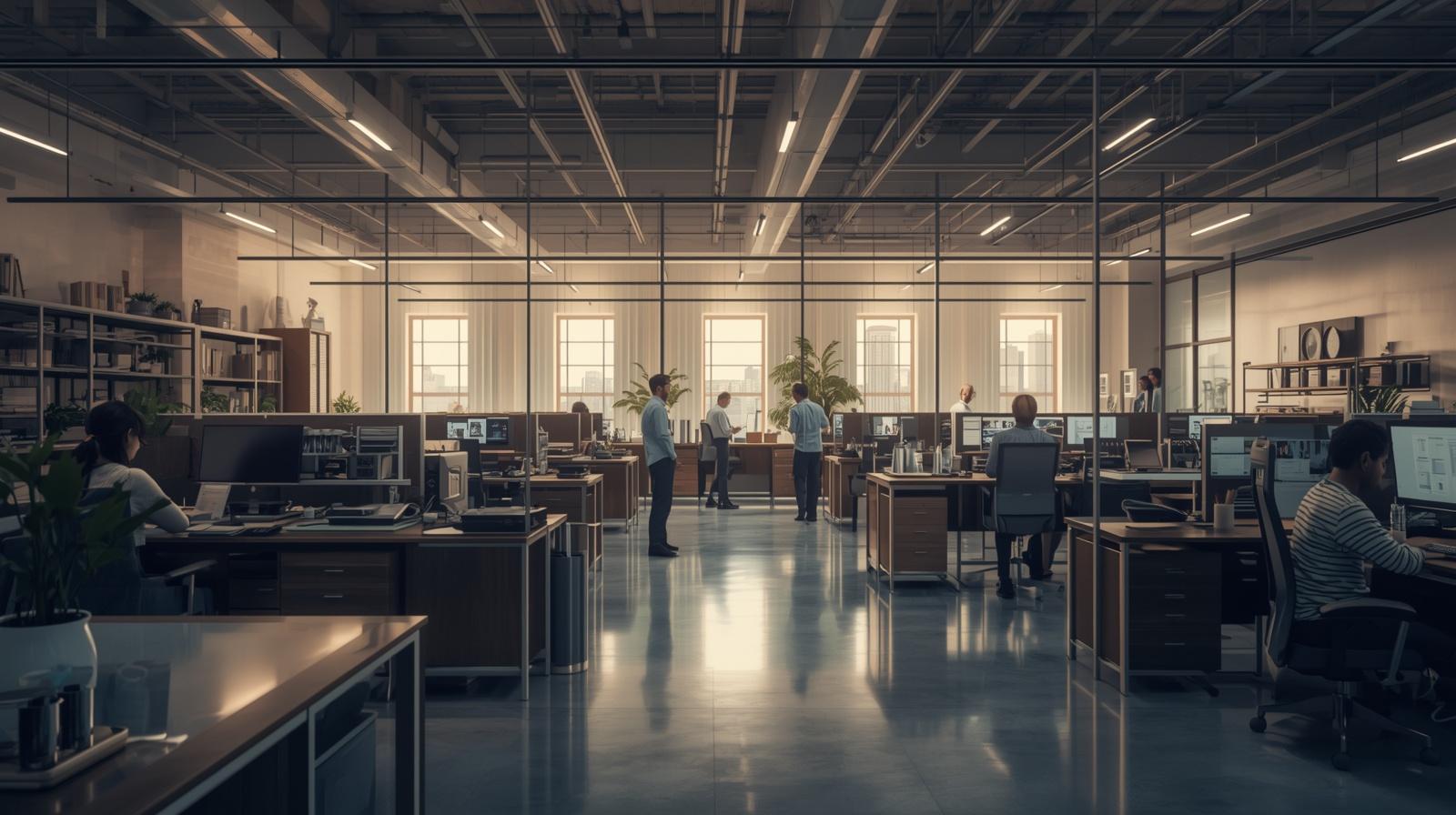 A busy office environment with employees working diligently at their desks, engaged in various tasks and discussions.